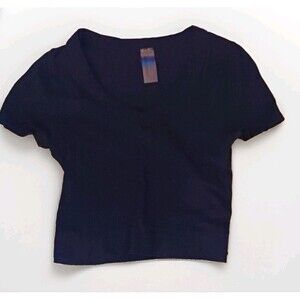 ONESTEPUP Women's Ribbed V-Neck Black Solid Short Sleeve Top Regular Size L/XL